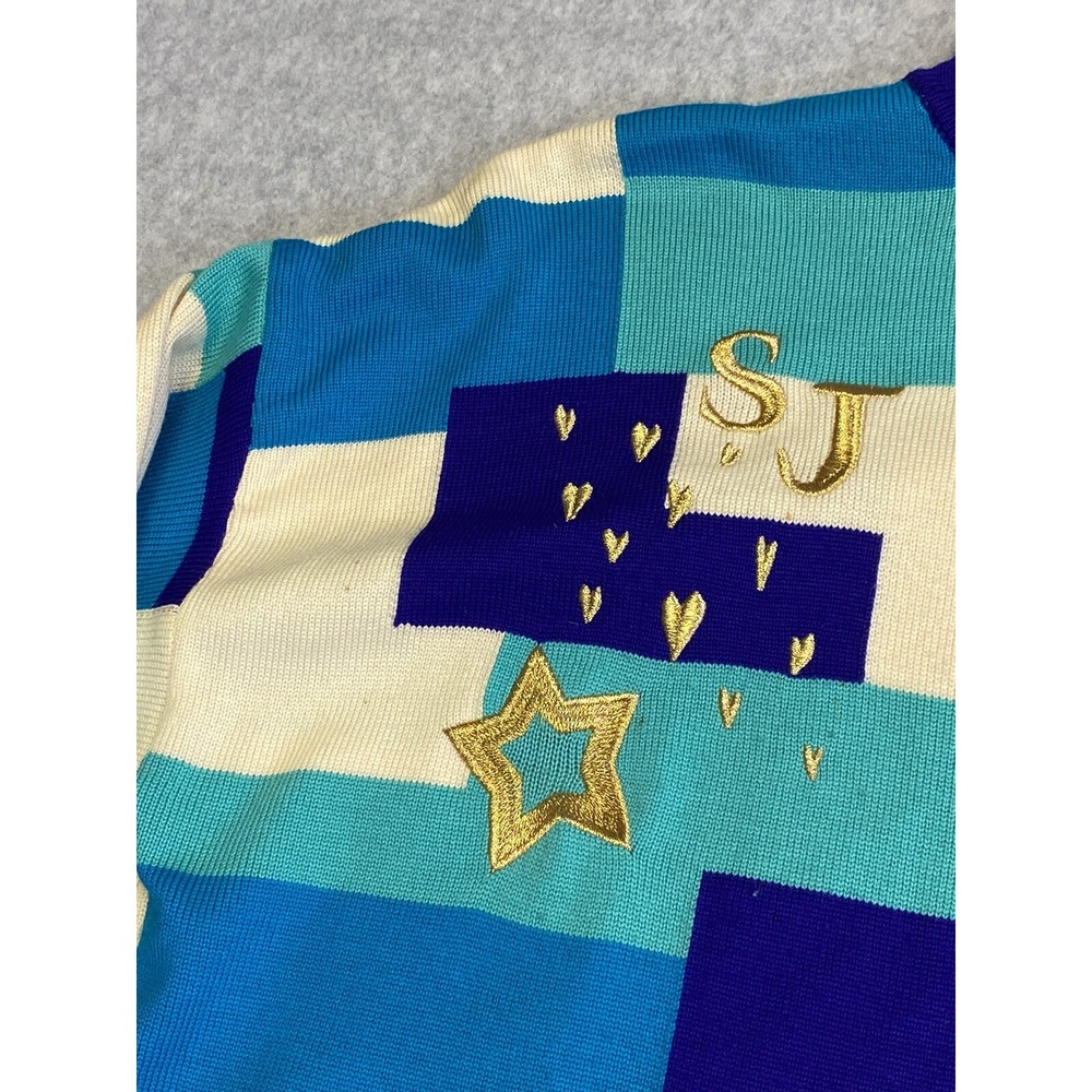 St‎ John Sweater Womens Small Blue Geometric Pullover Abstract Star Hearts Knit - Picture 4 of 12